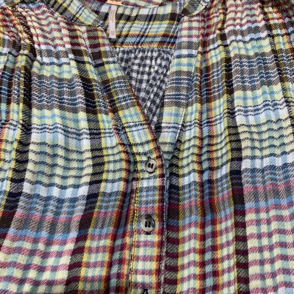 FREE PEOPLE Come On Over Plaid Flannel Oversized Hi-Low Top Raw Hem - Picture 8 of 13